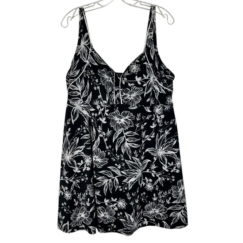 Swimsuits For All Black White Palm Floral Print Longline Swim Dress One Piece 20